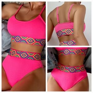 Vibrant Pink Bikini Set with Geometric Waistband SIZE LARGE